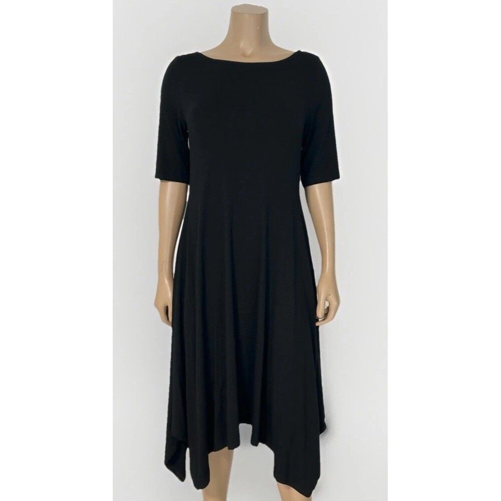 Eileen Fisher Black Dress Midi Jersey Knit Handkerchief Hem Half Sleeves Small - Picture 2 of 6